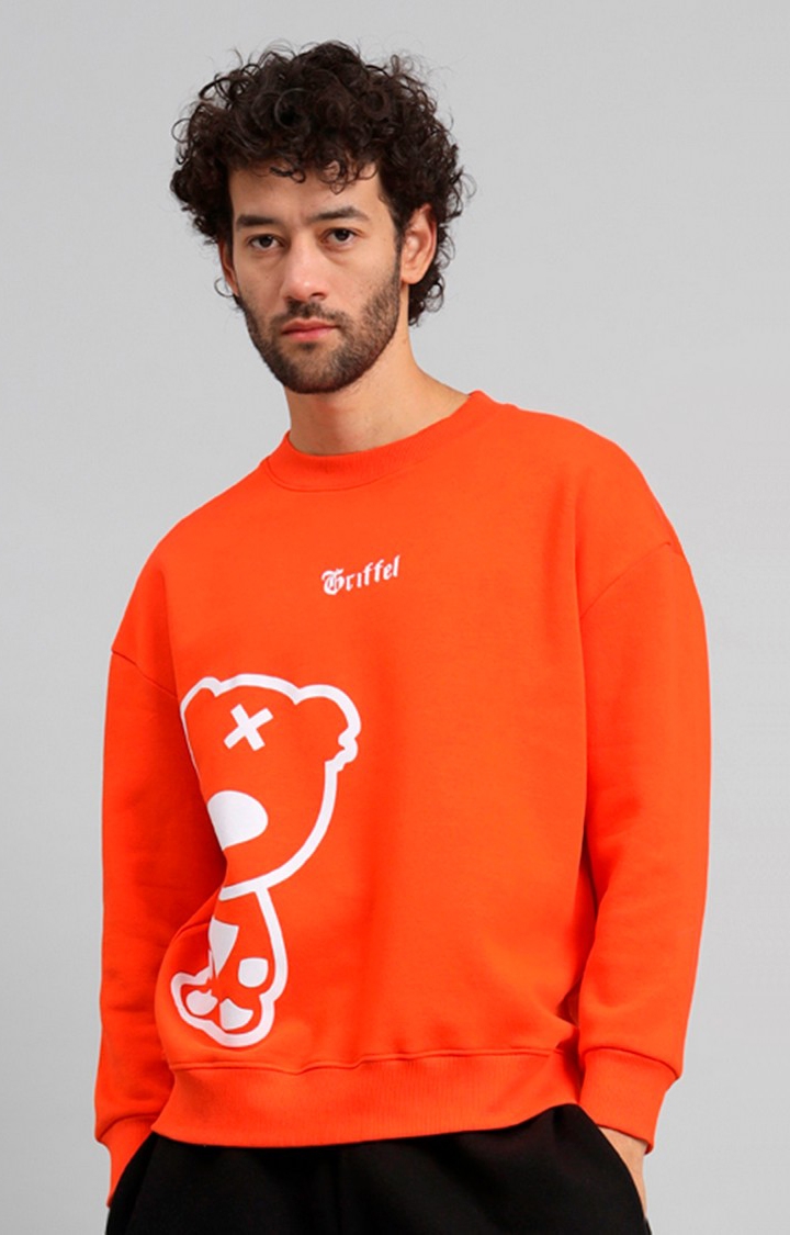 GRIFFEL | Men's Orange Teddy Print Oversized Round Neck 100% Cotton Fleece Sweatshirt