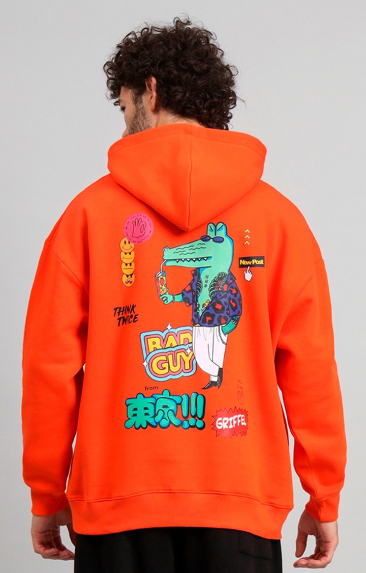 GRIFFEL | Men's Orange BAD GUY Print Front Logo Oversized Fleece Hoodie Sweatshirt