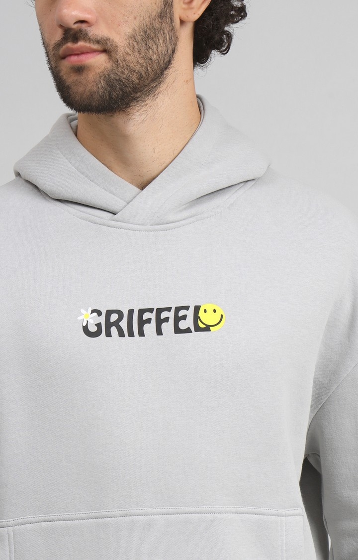 GRIFFEL | Men's Grey Chill Vibe Print Front Logo Oversized Fleece Hoodie Sweatshirt 4