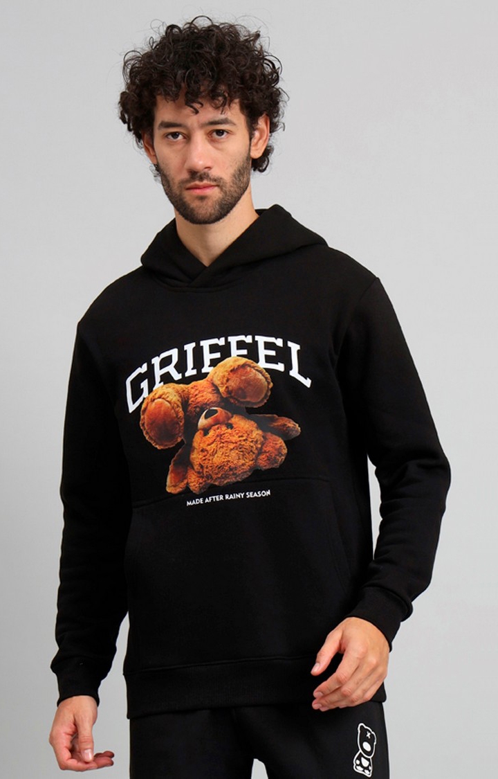 GRIFFEL | Men's Black Bear Print Regular Fit 100% Cotton Fleece Hoodie Sweatshirt