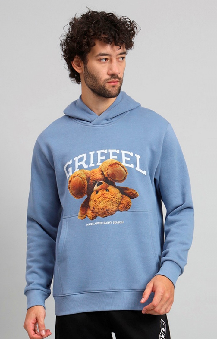 GRIFFEL | Men's Sky Blue Bear Print Regular Fit 100% Cotton Fleece Hoodie Sweatshirt