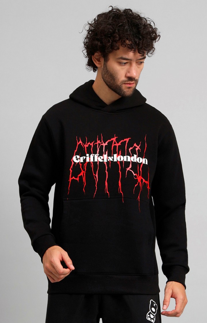 GRIFFEL | Men's Black XLondon Print Regular Fit Cotton Fleece Hoodie Sweatshirt