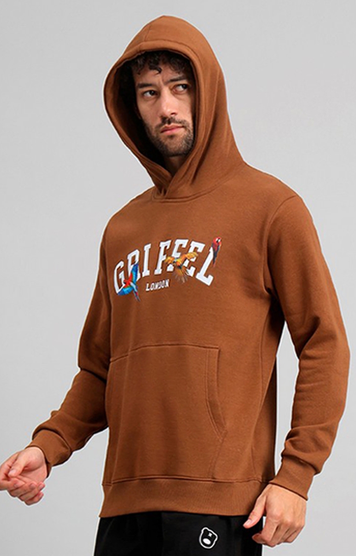GRIFFEL | Men's Brown Birds Print Regular Fit 100% Cotton Fleece Hoodie Sweatshirt 2