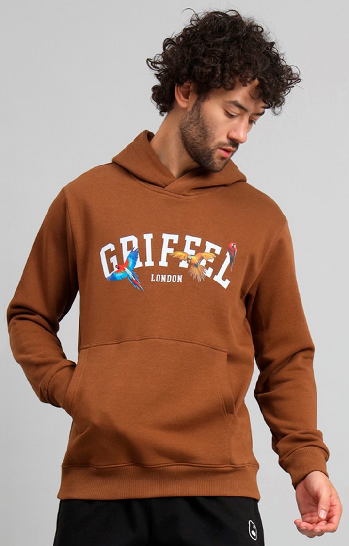 GRIFFEL | Men's Brown Birds Print Regular Fit 100% Cotton Fleece Hoodie Sweatshirt 0