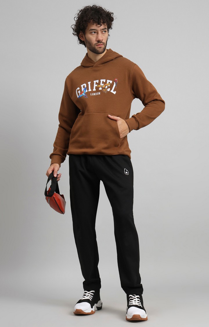 GRIFFEL | Men's Brown Birds Print Regular Fit 100% Cotton Fleece Hoodie Sweatshirt 1