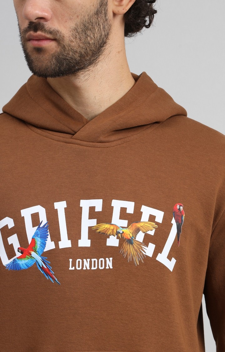GRIFFEL | Men's Brown Birds Print Regular Fit 100% Cotton Fleece Hoodie Sweatshirt 4