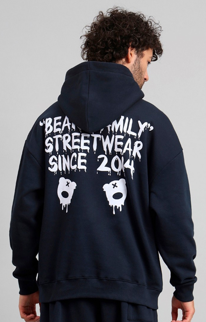 Men's Navy Bear Family Print Front Logo Oversized Fleece Hoodie Sweatshirt
