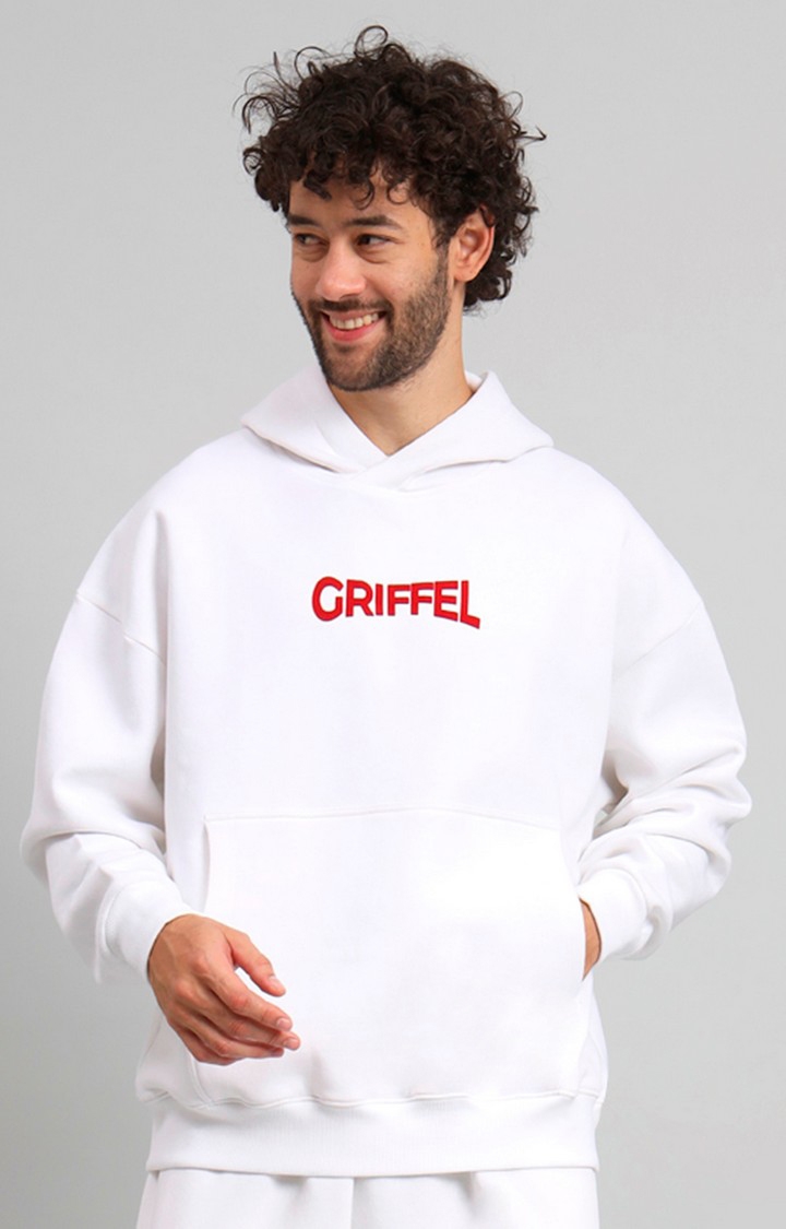 GRIFFEL | Men's White SNAKE Print Front Logo Oversized Fleece Hoodie Sweatshirt 2
