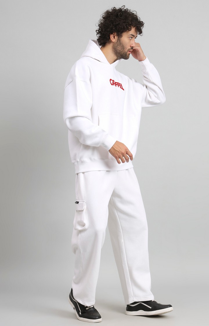 GRIFFEL | Men's White SNAKE Print Front Logo Oversized Fleece Hoodie Sweatshirt 1