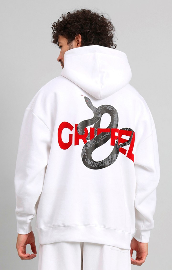 GRIFFEL | Men's White SNAKE Print Front Logo Oversized Fleece Hoodie Sweatshirt 0