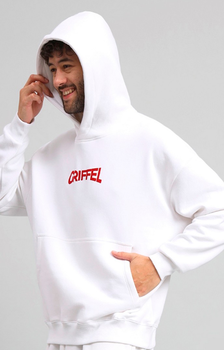 GRIFFEL | Men's White SNAKE Print Front Logo Oversized Fleece Hoodie Sweatshirt 3