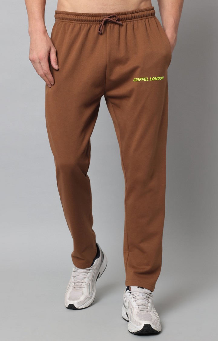 GRIFFEL | Men's Brown Front Logo Regular Fit Cotton Fleece Trackpant