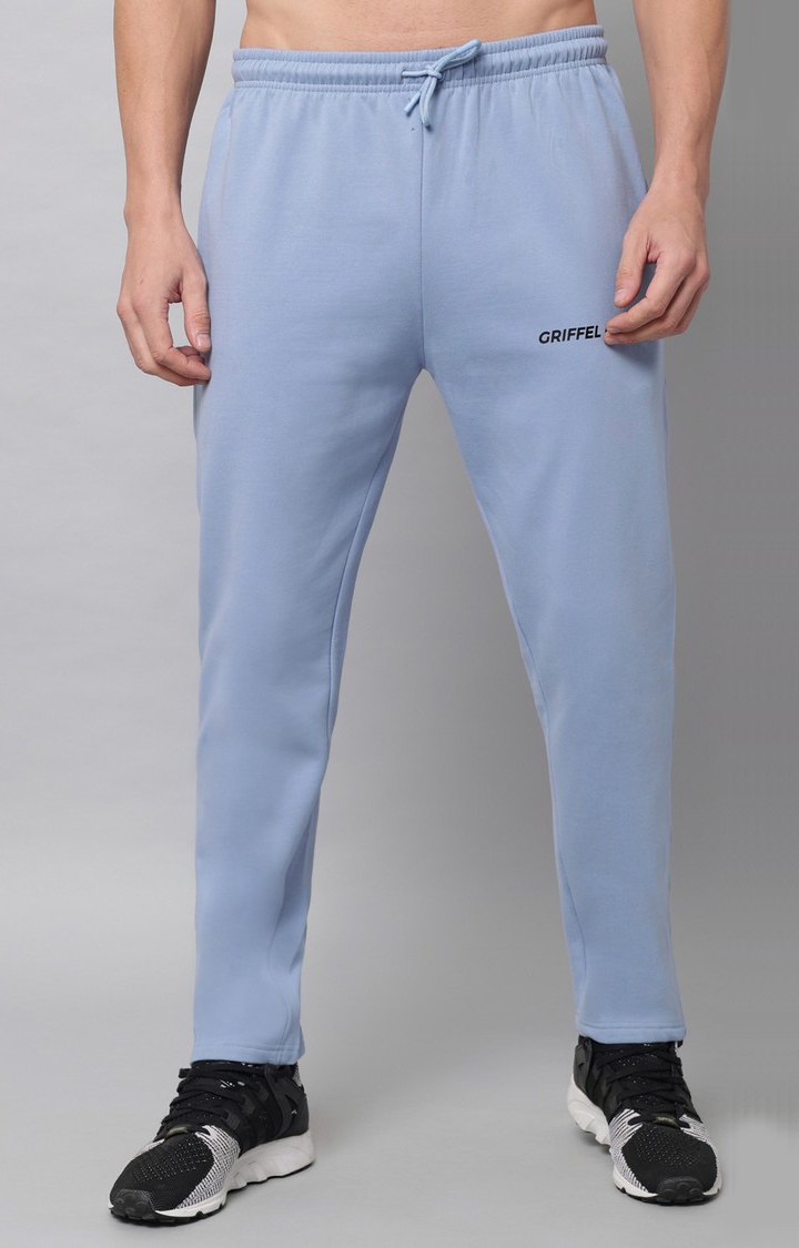 GRIFFEL | Men's Sky Blue Front Logo Regular Fit Cotton Fleece Trackpant