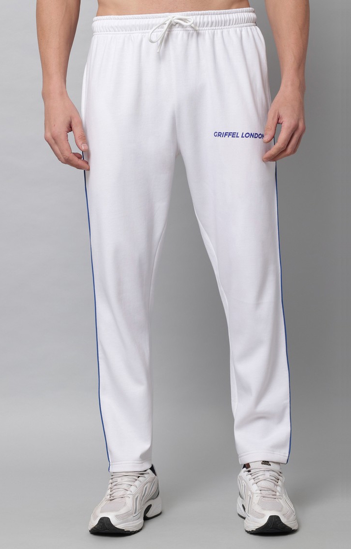 GRIFFEL | Men's White Front Logo Regular Fit Cotton Fleece Trackpant