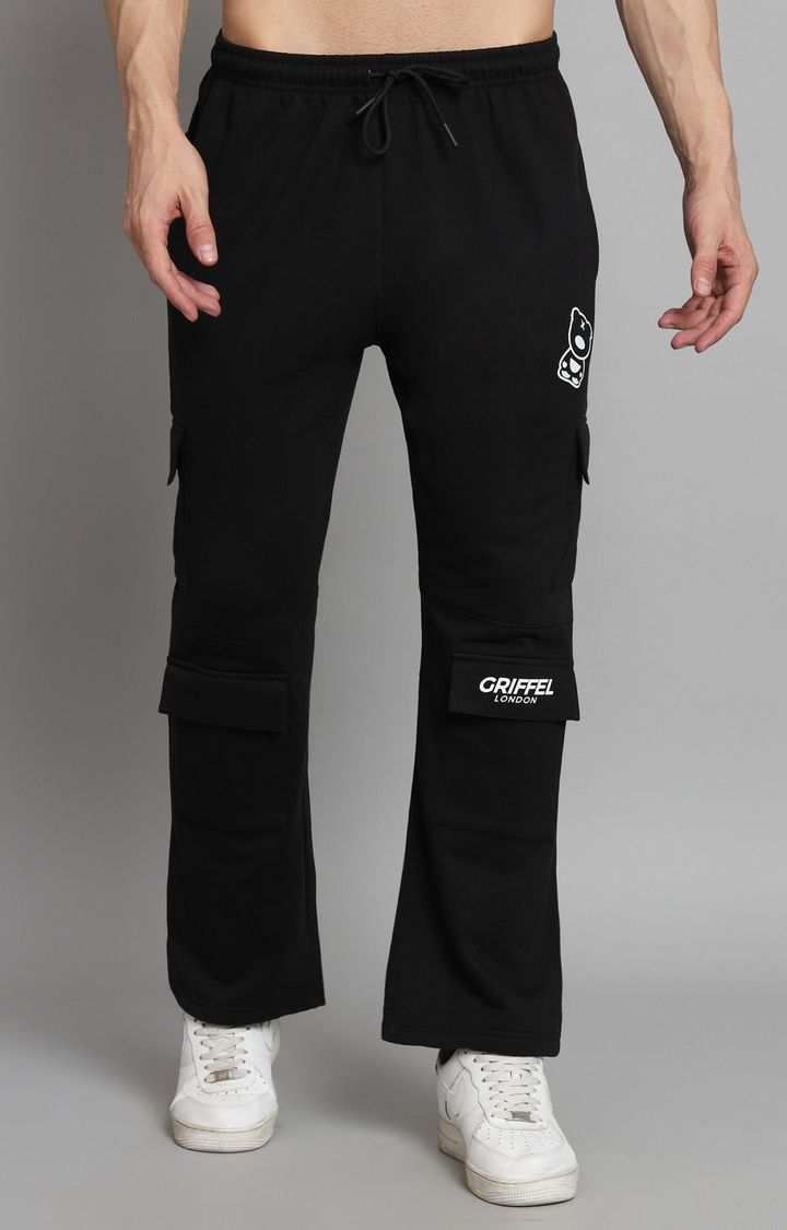 GRIFFEL | Men's Black Front Logo Bootcut Fit Cotton Fleece Trackpant