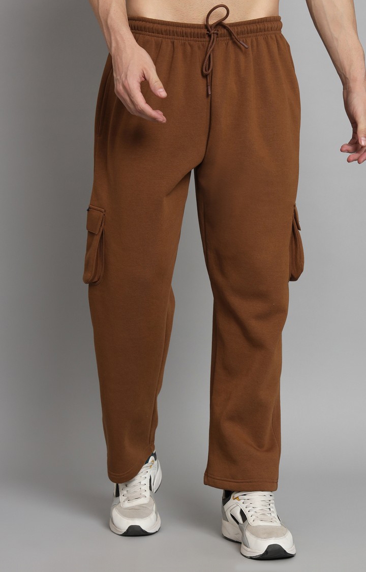 GRIFFEL | Men's Brown Basic Solid 5 Pocket Loose Fit Cotton Fleece Trackpant