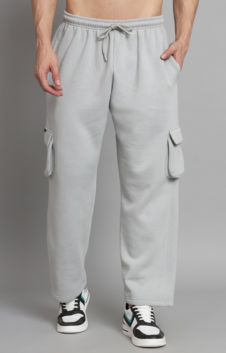 GRIFFEL | Men's Steel Grey Basic Solid 5 Pocket Loose Fit Cotton Fleece Trackpant