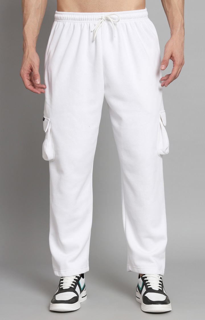 GRIFFEL | Men's White Basic Solid 5 Pocket Loose Fit Cotton Fleece Trackpant