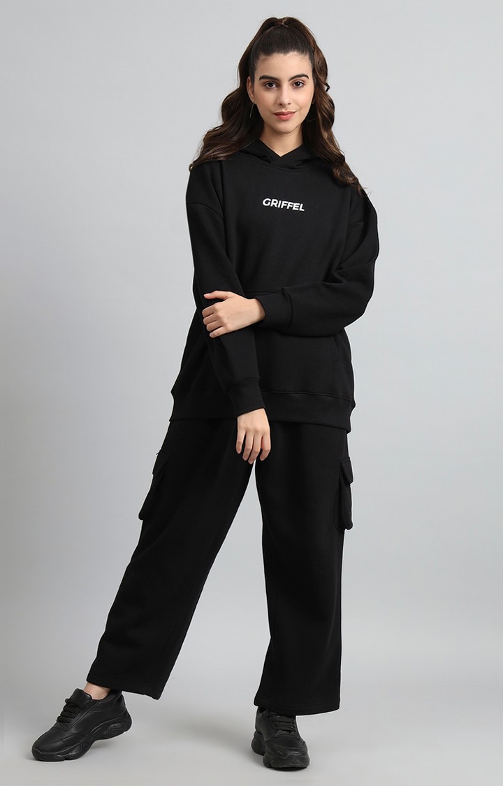 GRIFFEL | Women's Oversized Fit Front Logo Cotton Fleece Black Fleece Tracksuit