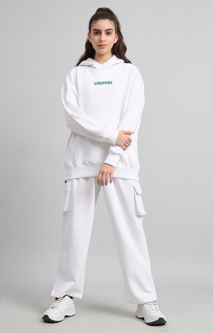 GRIFFEL | Women's Oversized Fit Front Logo Cotton Fleece White Fleece Tracksuit