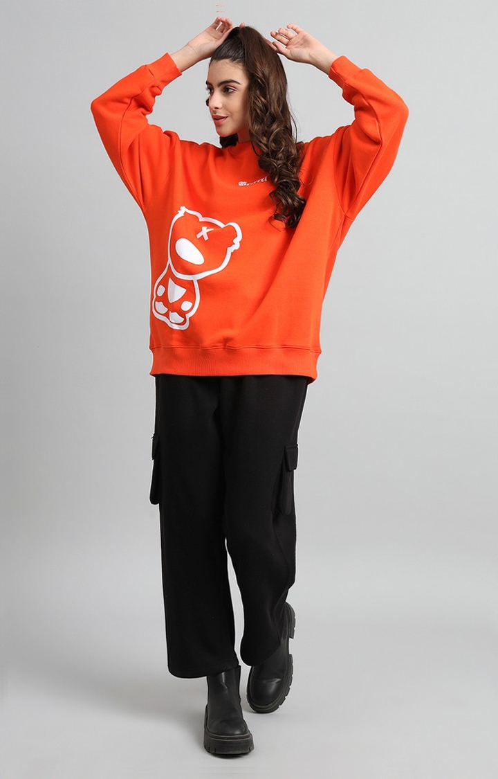 GRIFFEL | Women's Oversized Fit Typography Print Round Neck Cotton Fleece Orange Tracksuit