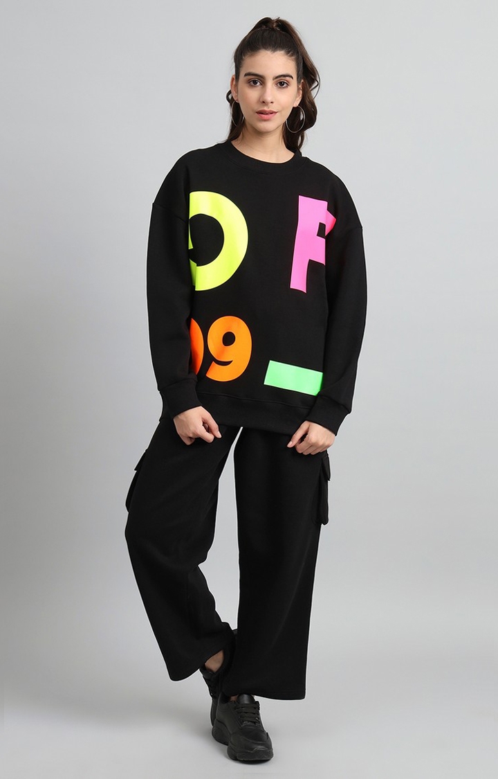 GRIFFEL | Women's Oversized Fit Typography Print Round Neck Cotton Fleece Black Tracksuit