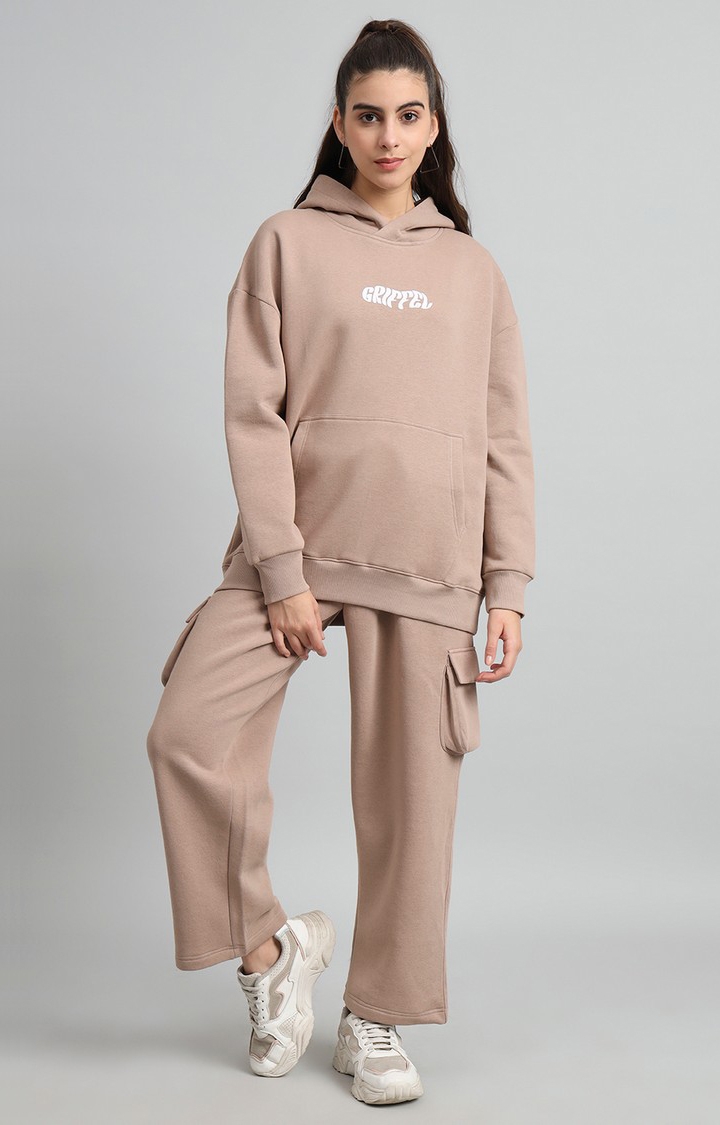 Women's Oversized Fit Absent Minded Print  Cotton Camel Fleece Hoodie and trackpant