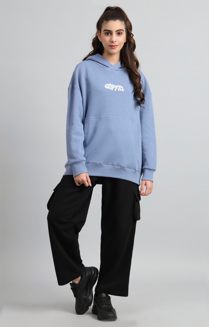 GRIFFEL | Women's Oversized Fit Absent Minded Print  Cotton Sky Blue Fleece Hoodie and trackpant