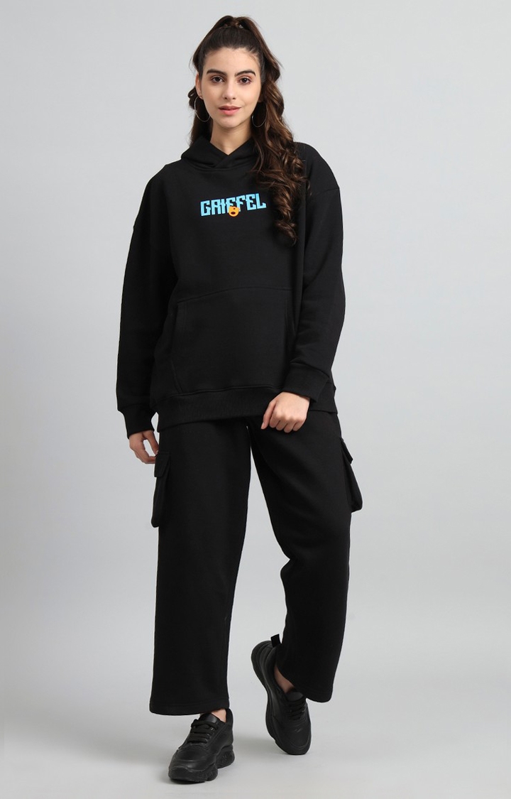 GRIFFEL | Women's Oversized Fit New Era Print Front Logo Cotton Fleece Black Fleece Hoodie and trackpant