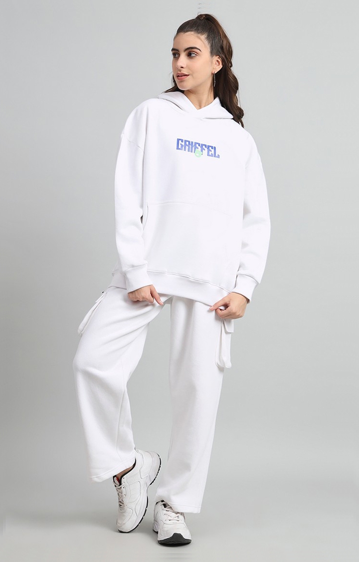 GRIFFEL | Women's Oversized Fit New Era Print Front Logo Cotton Fleece White Fleece Hoodie and trackpant