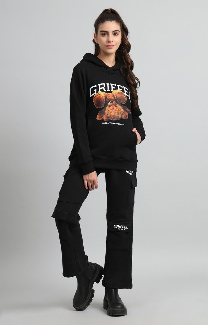 GRIFFEL | Women's Regular Fit Bear Print Front Logo Cotton Black Fleece Tracksuit