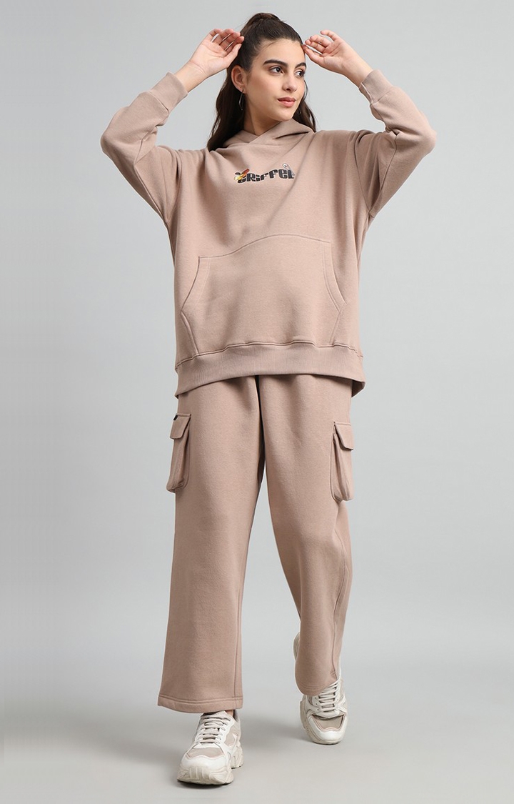 GRIFFEL | Women's Oversized Fit Flower Print Cotton Camel Fleece Hoodie and trackpant