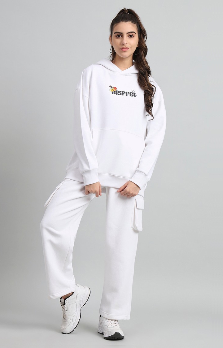 GRIFFEL | Women's Oversized Fit Flower Print Cotton White Fleece Hoodie and trackpant