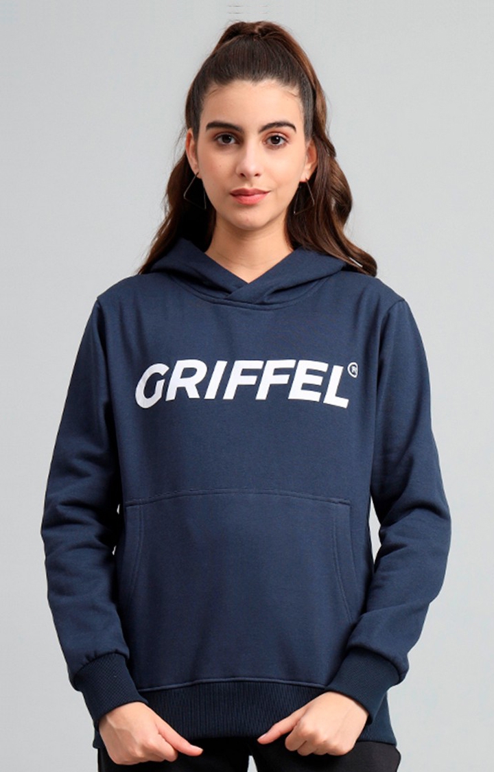 GRIFFEL | Women's  Regular Fit Navy Cotton Front Logo Fleece Hoodie Sweatshirt