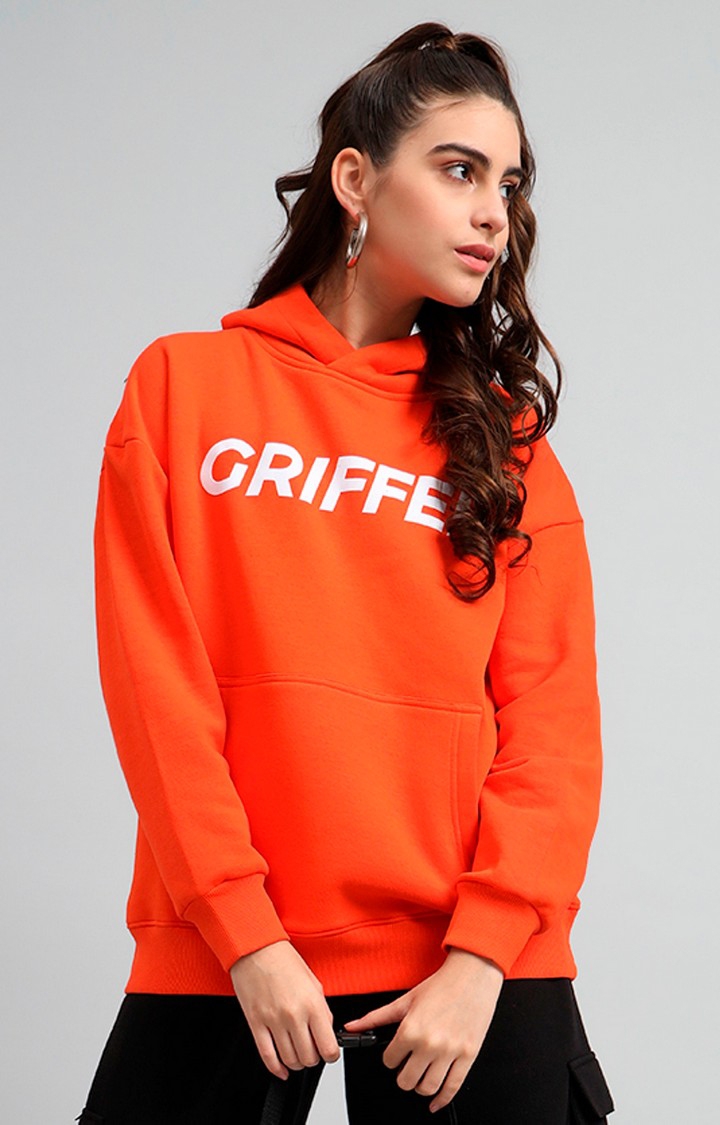 Women's  Oversized Fit Orange Cotton Front Logo Fleece Hoodie Sweatshirt