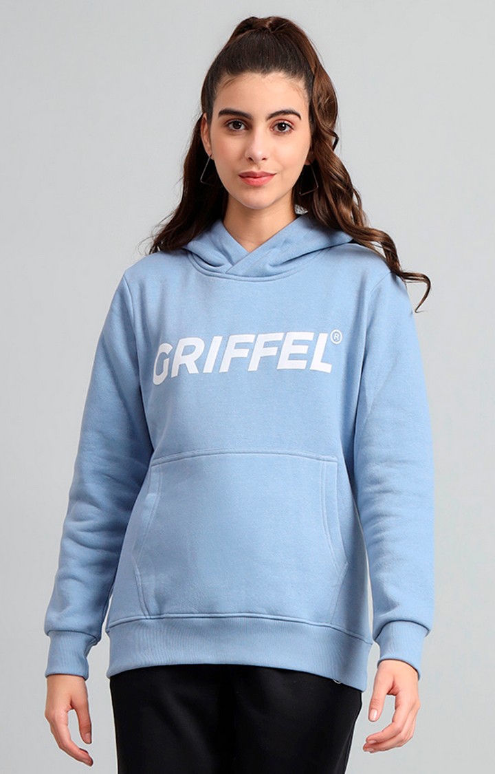 GRIFFEL | Women's  Regular Fit Sky Blue Cotton Front Logo Fleece Hoodie Sweatshirt