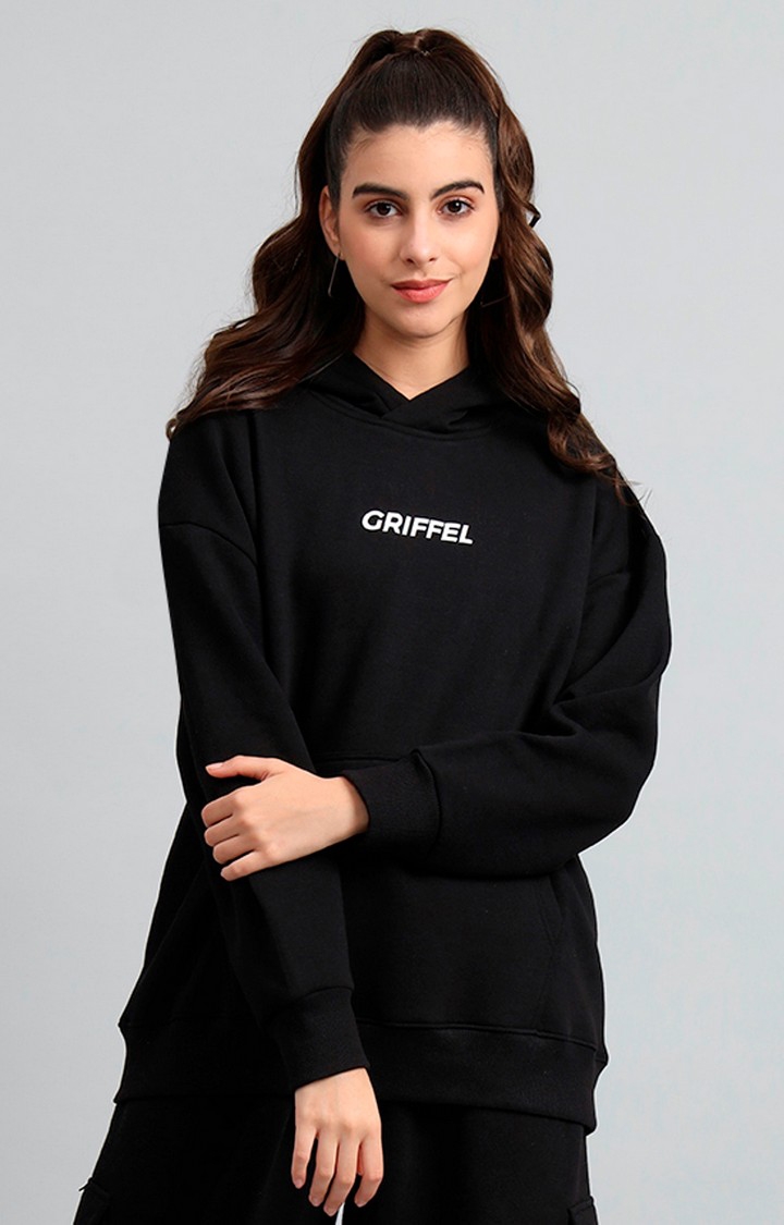 GRIFFEL | Women's 's Black Front Logo Oversized Fleece Hoodie Sweatshirt