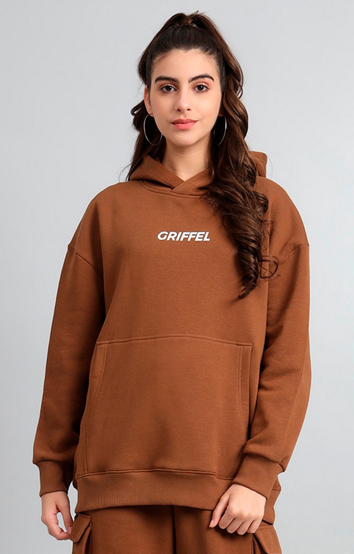 Women's 's Brown Front Logo Oversized Fleece Hoodie Sweatshirt