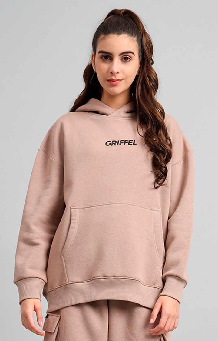 GRIFFEL | Women's 's Camel Front Logo Oversized Fleece Hoodie Sweatshirt