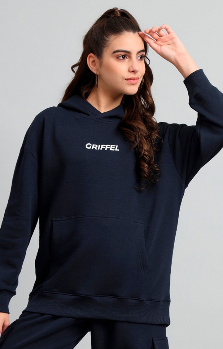 GRIFFEL | Women's 's Navy Front Logo Oversized Fleece Hoodie Sweatshirt