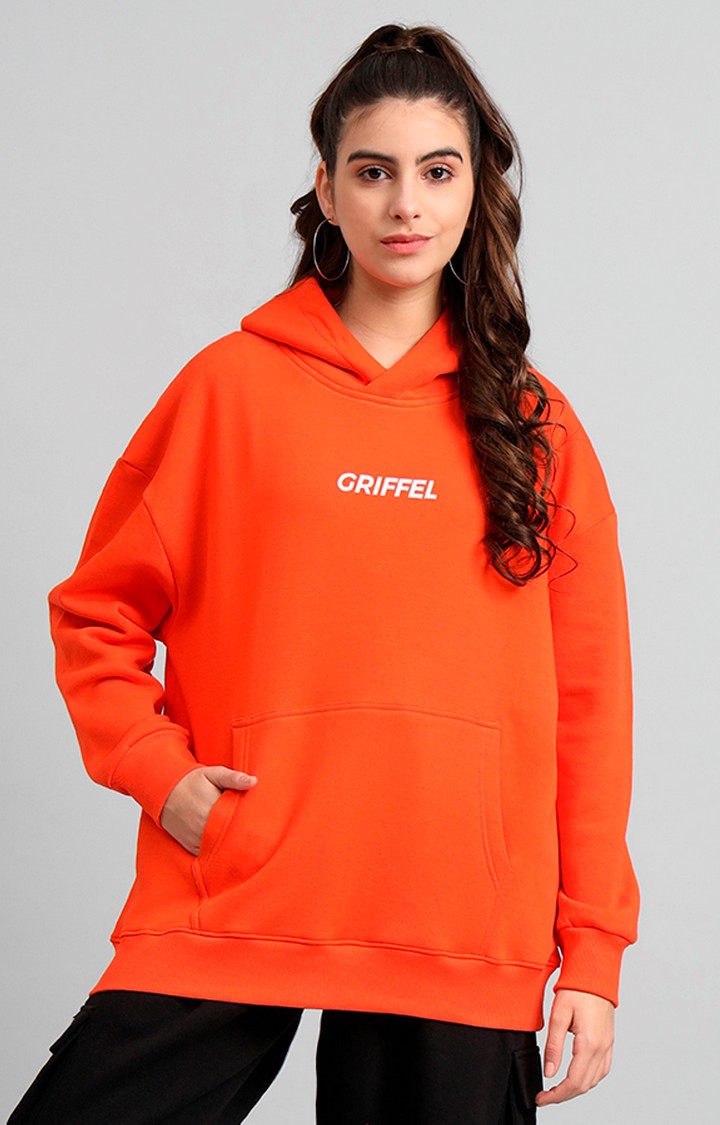 GRIFFEL | Women's 's Orange Front Logo Oversized Fleece Hoodie Sweatshirt