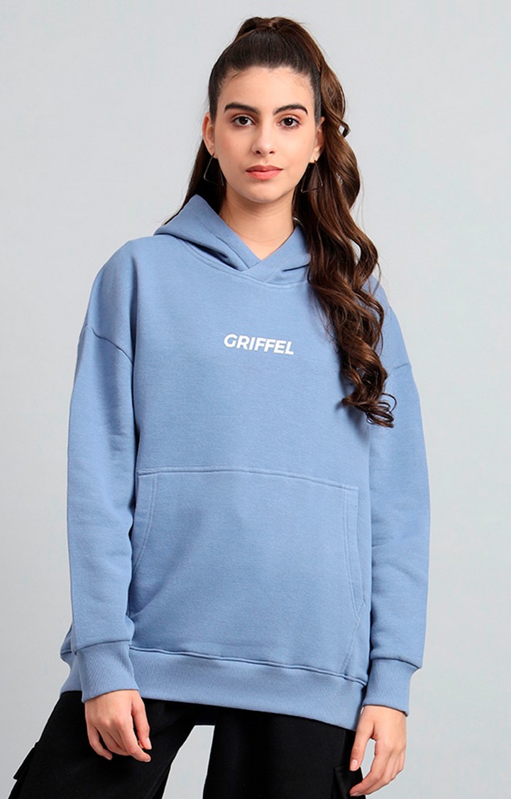 GRIFFEL | Women's 's Sky Blue Front Logo Oversized Fleece Hoodie Sweatshirt