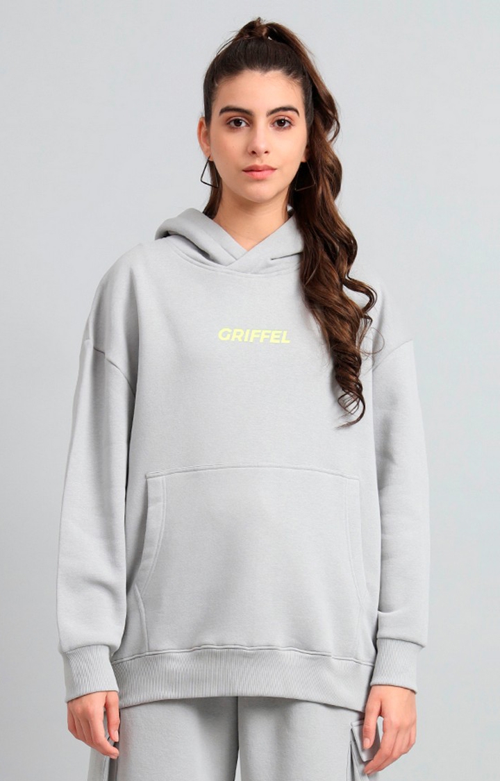GRIFFEL | Women's 's Steel Grey Front Logo Oversized Fleece Hoodie Sweatshirt