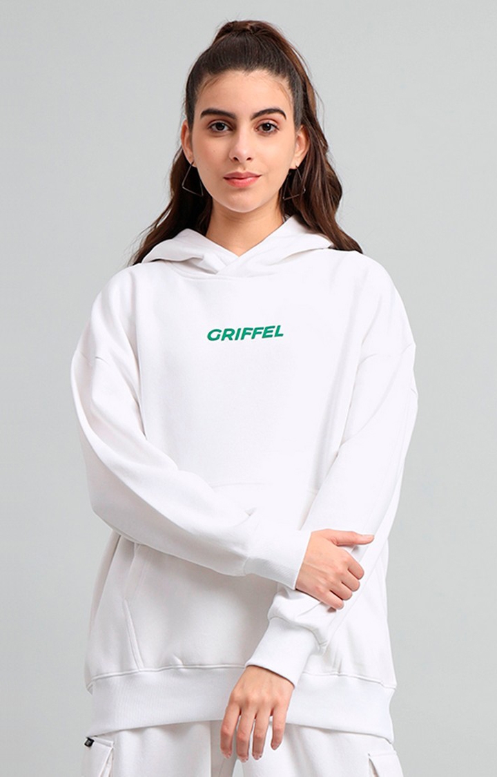 GRIFFEL | Women's 's White Front Logo Oversized Fleece Hoodie Sweatshirt