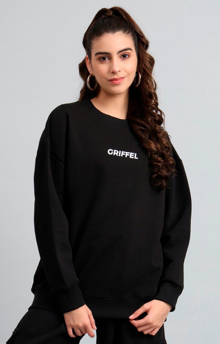 GRIFFEL | Women's 's Black Fron Logo Oversized Round Neck Cotton Fleece Sweatshirt