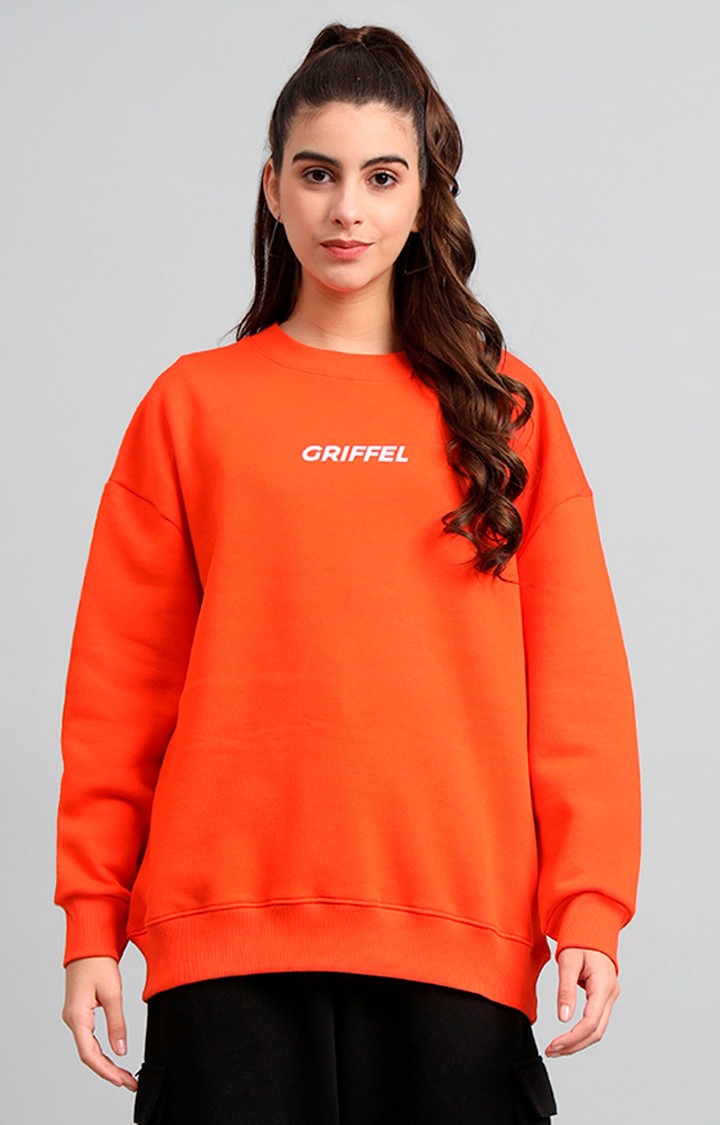 GRIFFEL | Women's 's Orange Fron Logo Oversized Round Neck Cotton Fleece Sweatshirt