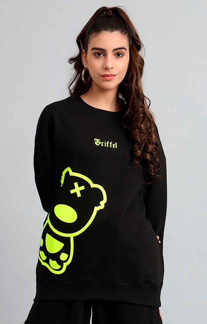 GRIFFEL | Women's 's Black Teddy Print Oversized Round Neck Cotton Fleece Sweatshirt
