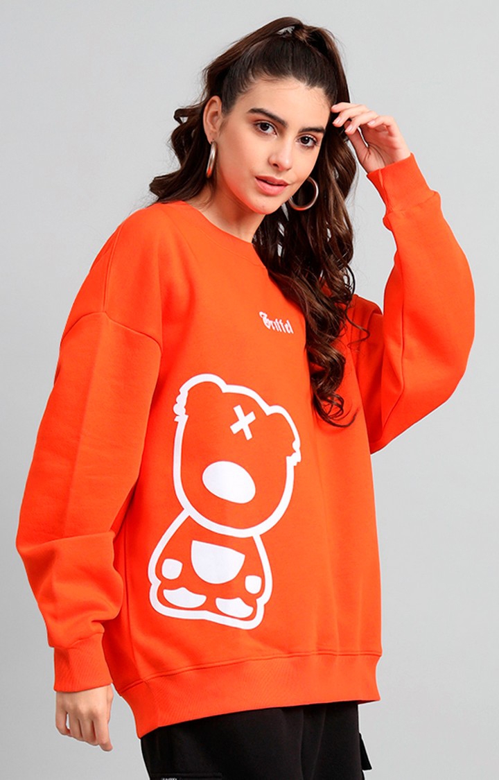 Women\'s \'s Orange Teddy Neck Round Oversized Fleece Print Cotton Sweatshirt