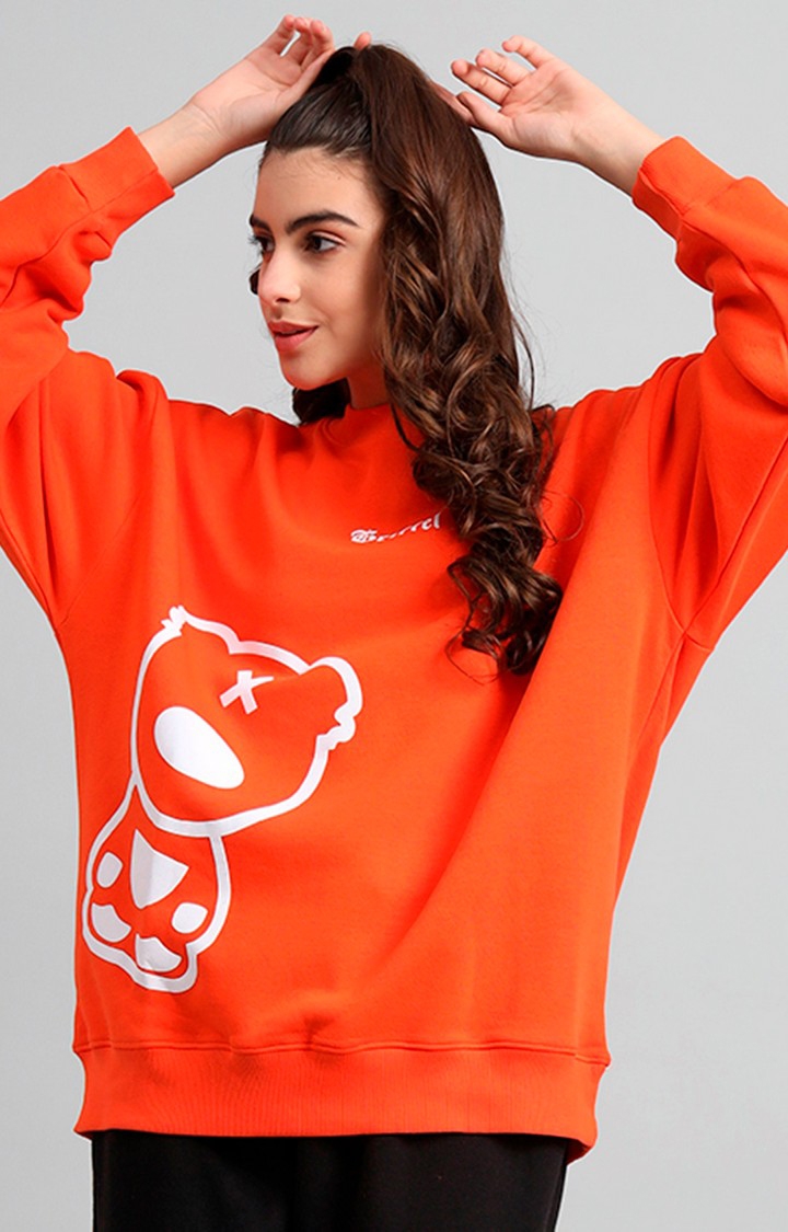 GRIFFEL | Women's 's Orange Teddy Print Oversized Round Neck Cotton Fleece Sweatshirt