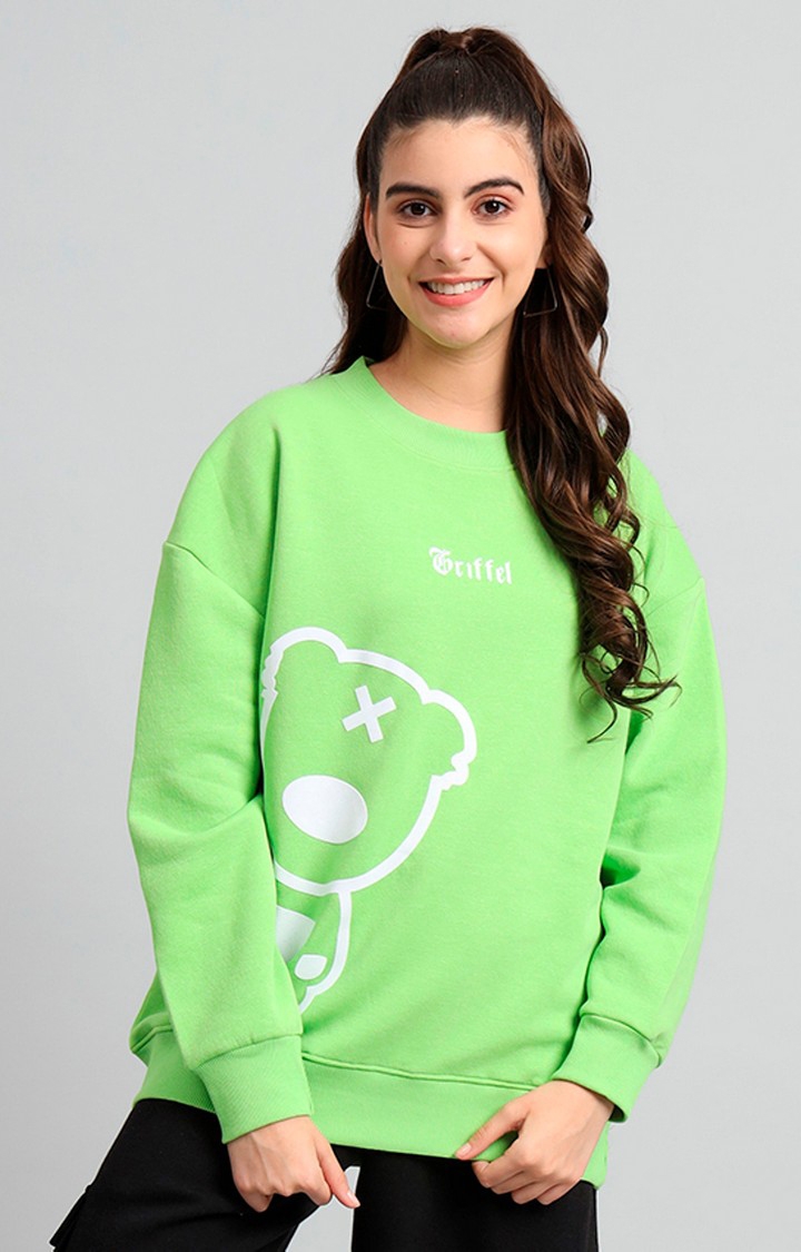 GRIFFEL | Women's 's Parrot Teddy Print Oversized Round Neck Cotton Fleece Sweatshirt